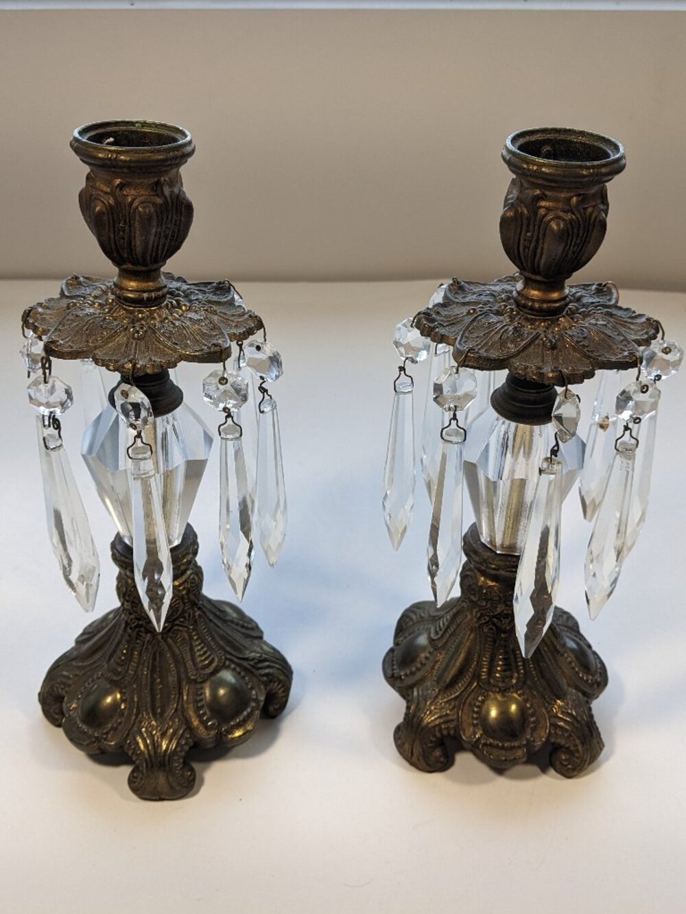Vintage Ornate Hollywood Regency Brass & Glass Candlestick Holders Pair, prisms